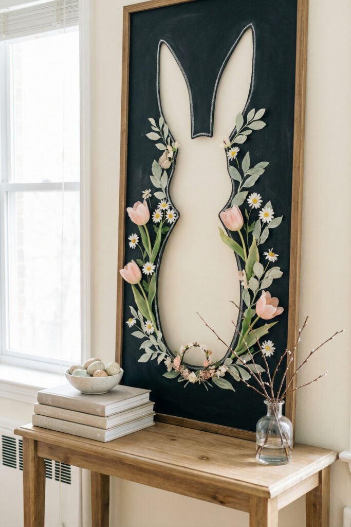 Spring Chalkboard Ideas That Feel Fresh and Easy to Style 4 Tall framed chalkboard with open bunny silhouette outlined in chalk and decorated with tulips, daisies, and greenery on a wooden console table.