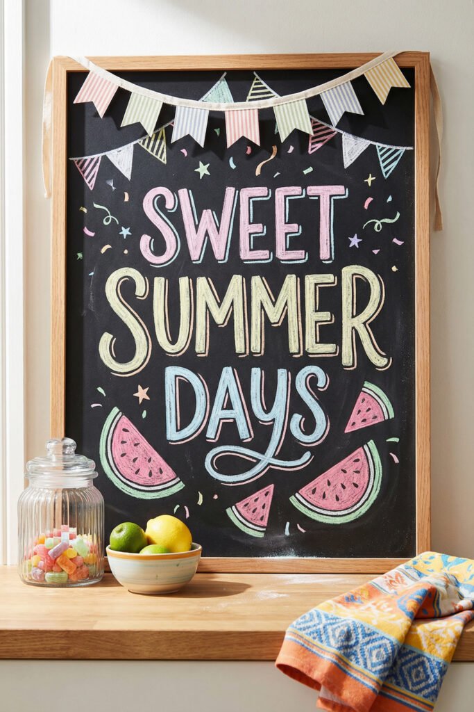Summer Chalkboard Ideas That Brighten Every Corner 5 Chalkboard sign reading Sweet Summer Days with pastel bunting and watermelon slices styled on a sunny kitchen counter.