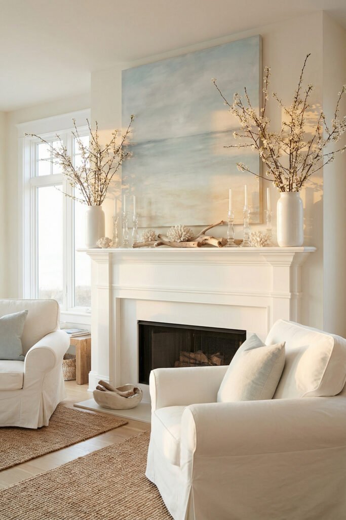 White mantel with oversized ocean painting, driftwood, coral, taper candles, and blossom branches for calm elegant summer mantle décor in a light-filled space.
