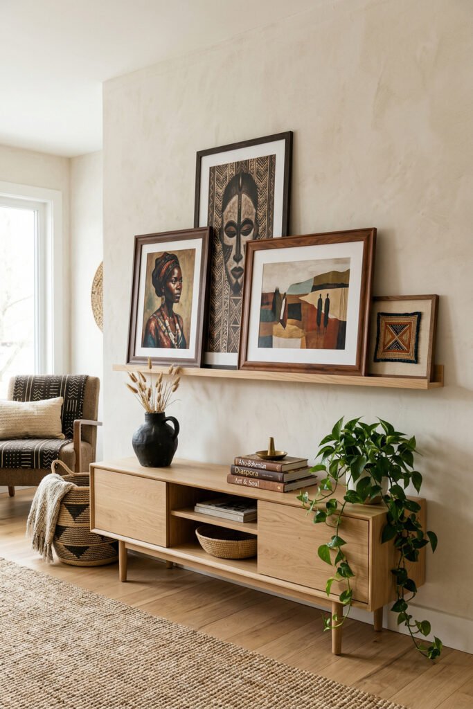 Minimal Afro Boho media console styled with layered framed art, books, black vase, trailing plant, and warm wood tones against a plaster wall
