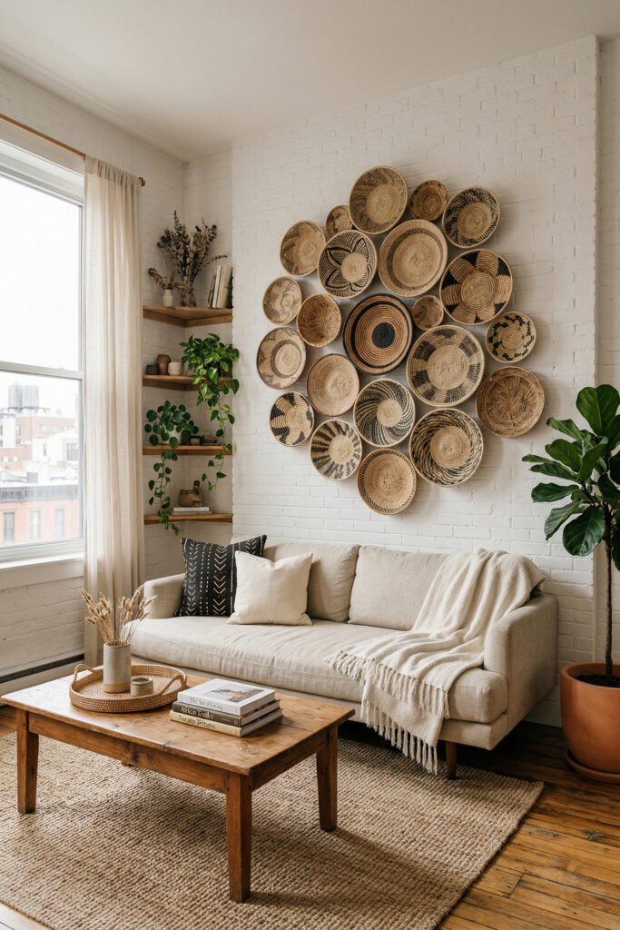 Cream sofa beneath a woven basket gallery wall on white brick, with wood shelves, plants, and jute textures in an Afro Boho Decor living room.
