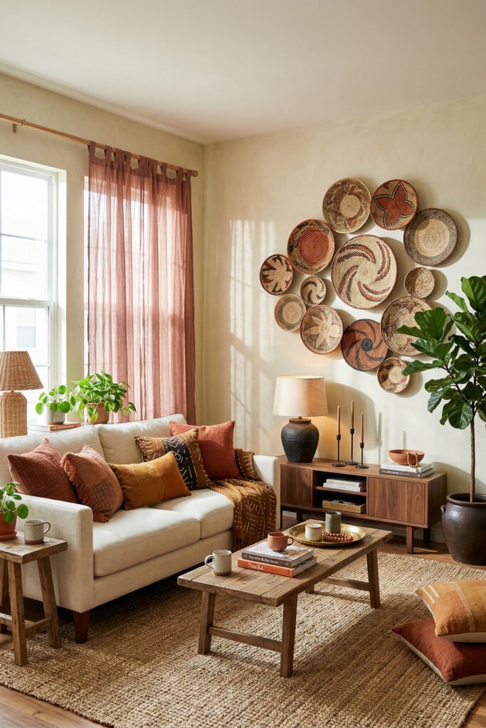 Warm living room with basket wall decor, rust curtains and pillows, cream sofa, wood coffee table, woven rug, and Afro Boho styling.

