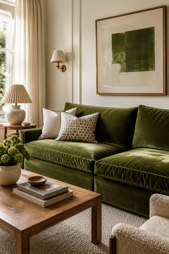 Green velvet sofa with abstract art, pleated lamps, wood coffee table, and elegant apartment vibes decor ideas

