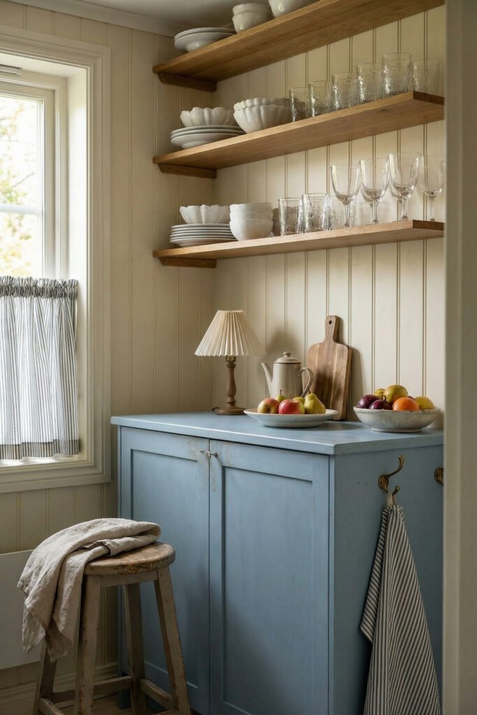 Beach Cottage Decor That Feels Fresh for Summer 5 Soft kitchen corner with open wood shelves, white dishes, blue cabinet, pleated lamp, and fruit bowls bringing subtle beach cottage decor into summer styling.