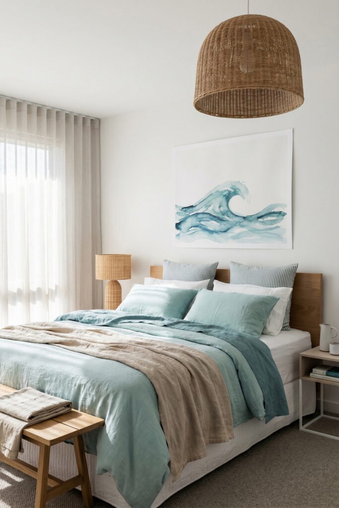 Coastal Summer Aesthetic Ideas for a Breezy Apartment 6 Coastal bedroom with seafoam bedding, rattan pendant, wave artwork, warm wood accents, and layered neutrals for a fresh coastal summer aesthetic.