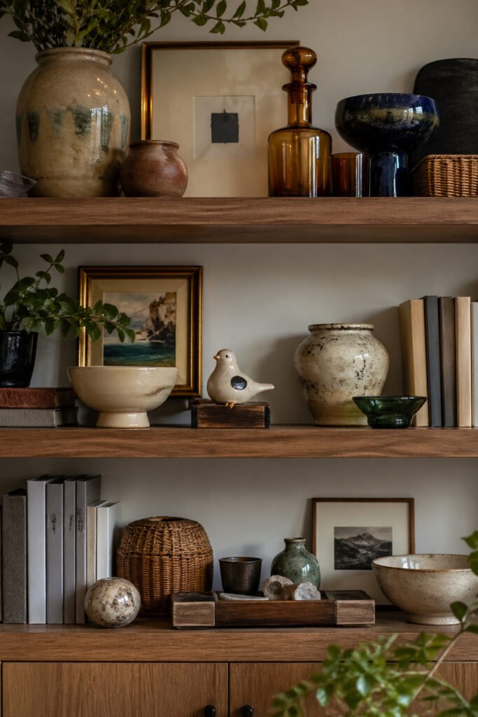 Wood shelves styled with ceramics, framed art, books, baskets, greenery, and collected decor ideas with personality
