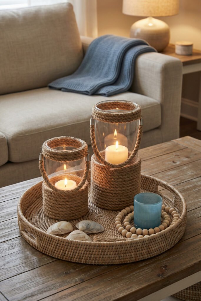Diy Beach Decor That Feels Fresh for Summer 6 Rope-wrapped glass candle lanterns on a woven tray with shells and beads on a coffee table, cozy DIY beach decor styling.