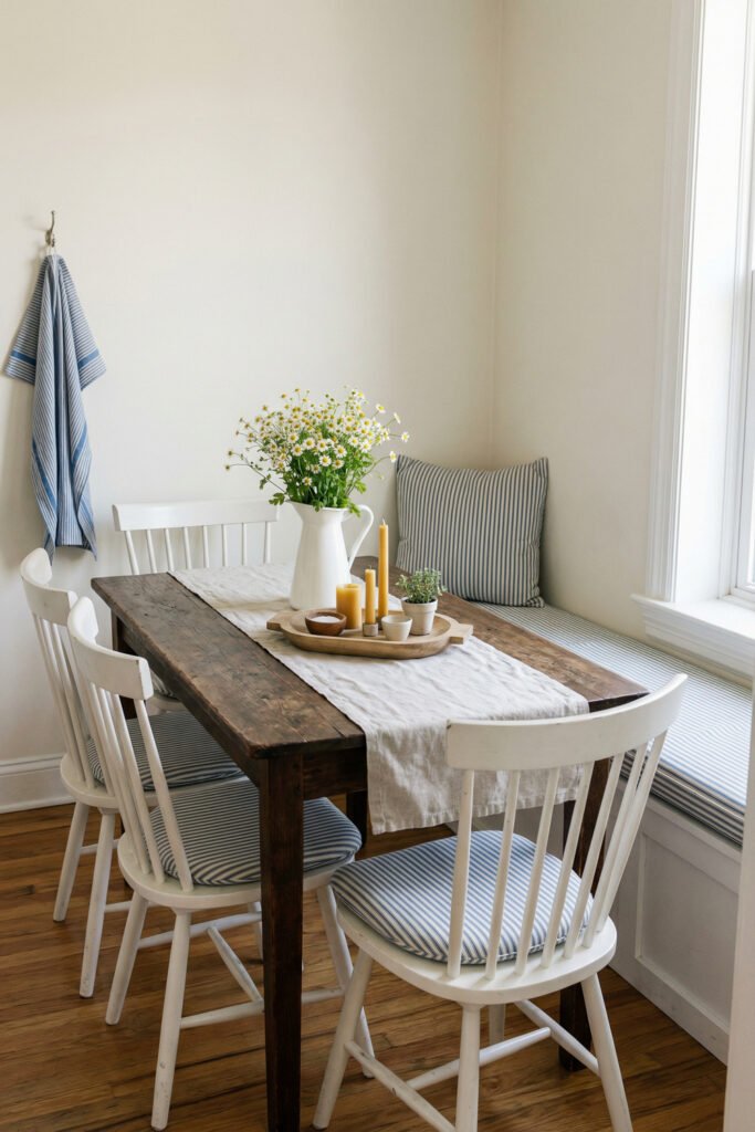 Breakfast nook with dark wood table, white chairs, blue striped cushions, bench seating, daisies in a pitcher, and candles for farmhouse summer decor.
