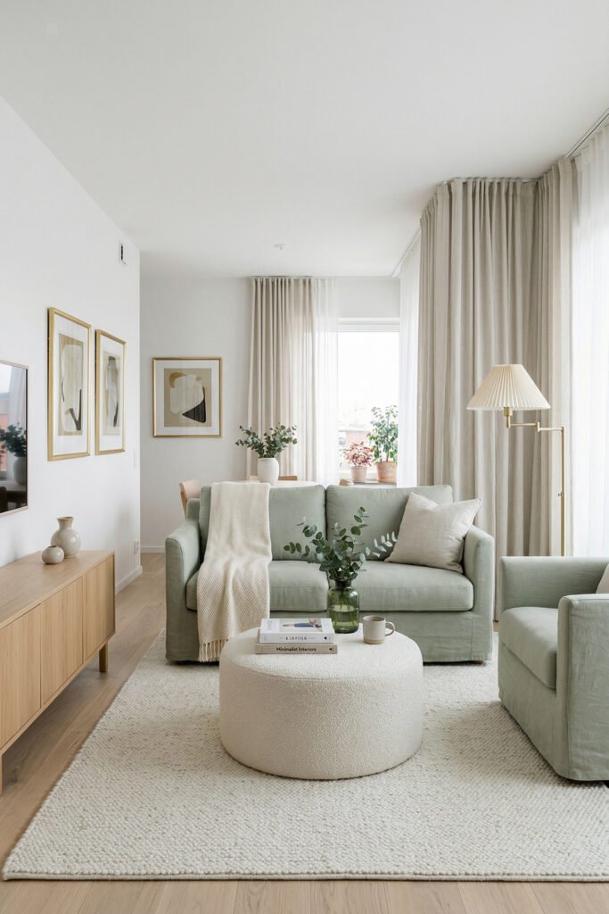 Green And Gold Room Ideas For A Stylish Living Room 7 Minimal living room with pale green sofa, boucle ottoman, sheer curtains, light wood media console, and subtle gold accents.