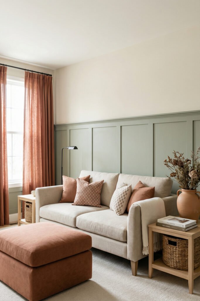 Sage and rust living room with a cream sofa, blush-rust ottoman, green paneled wall, rust curtains, light wood tables, and woven baskets.
