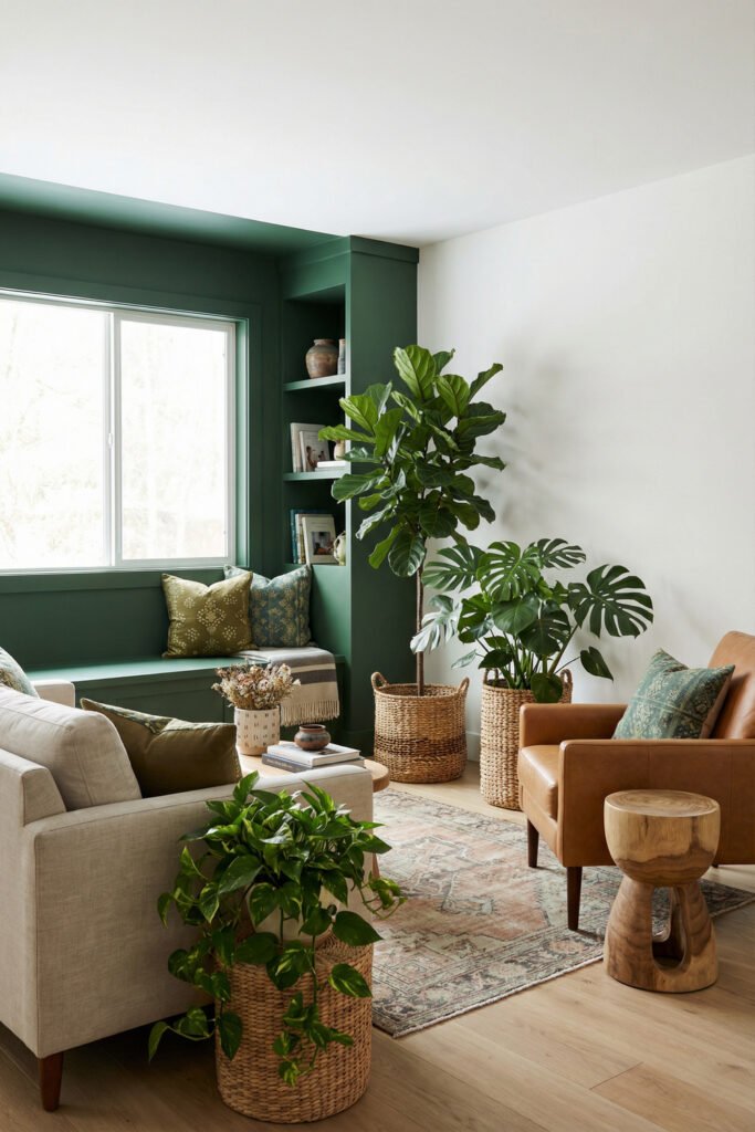 Green Boho Living Room Ideas With Relaxed Style 7 Green boho living room nook with dark green built-ins, tan leather chair, indoor plants, vintage rug, and window bench styling.
