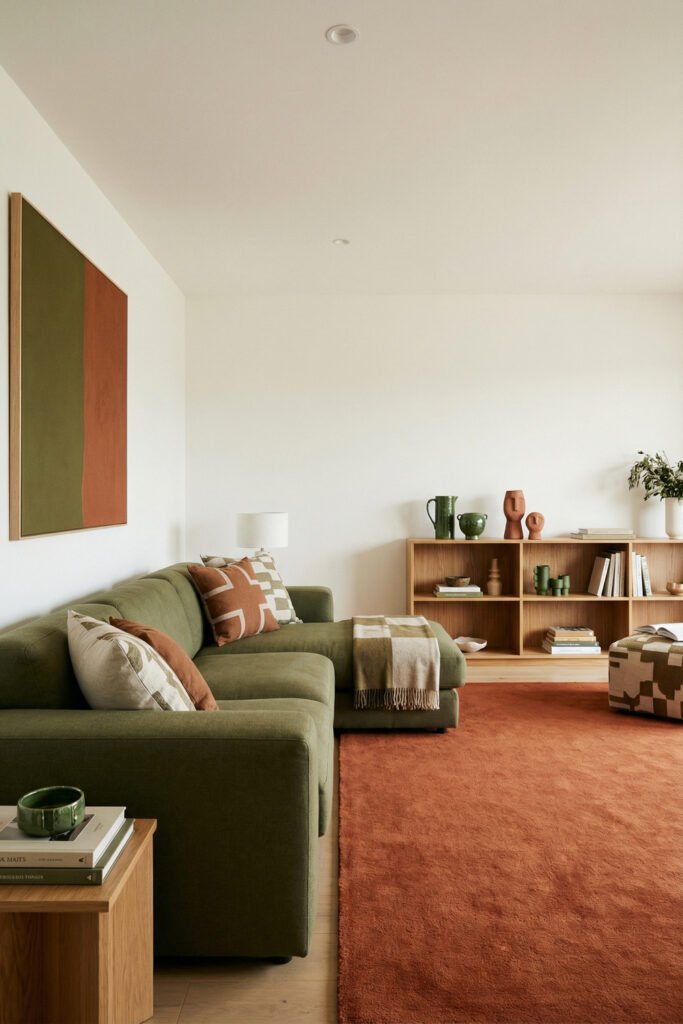 Green Burnt Orange Living Room Ideas With Rich, Easy Style 6 Olive sofa with rust rug, wood shelving, abstract art and patterned pillows in a minimalist green burnt orange living room