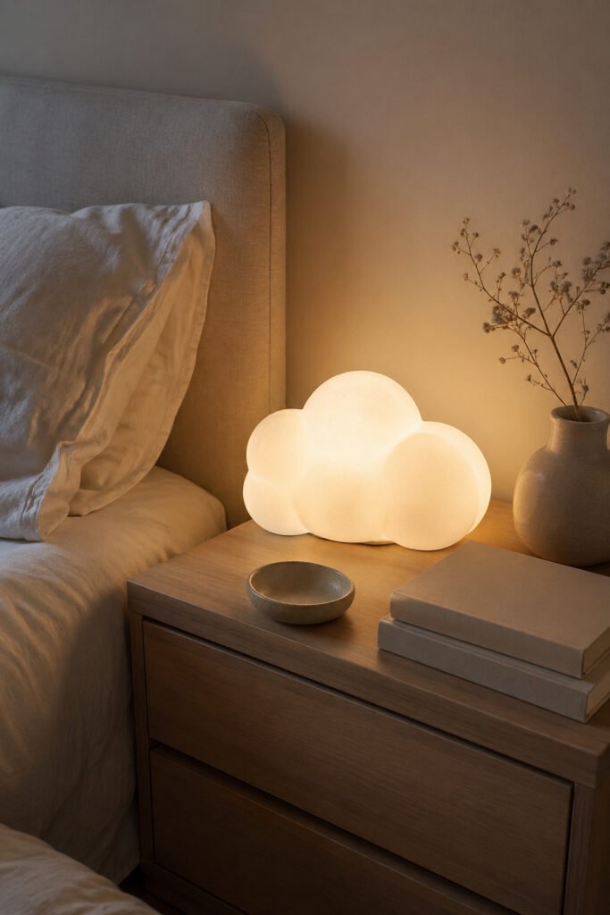 Minimal bedside table with glowing cloud lamp, ceramic vase, books, and soft neutral bedding for dreamy cozy room lighting.
