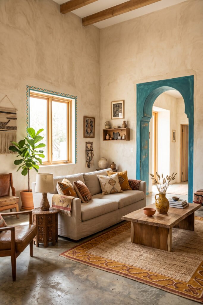 Cream sofa, wood coffee table, blue arched doorway, plaster walls, and artisan accents bring soft color to this airy Nubian Style living room.

