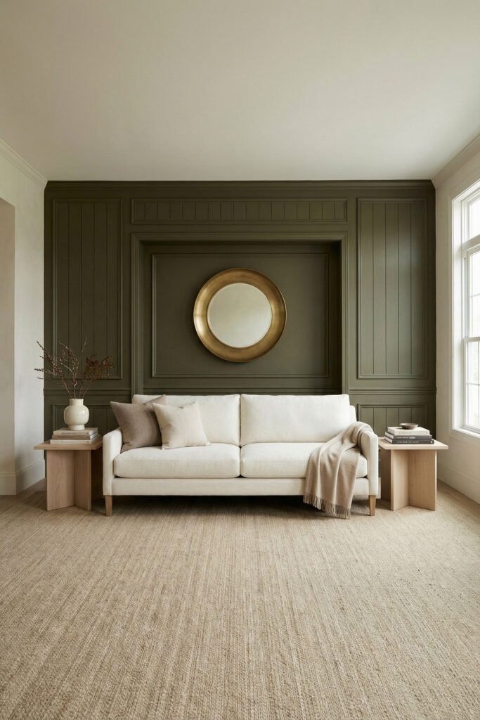Olive Green Decor Ideas For A Layered Living Room 7 White sofa against a deep olive paneled wall with a round mirror, pale wood side tables, and neutral textiles in elegant olive green decor.