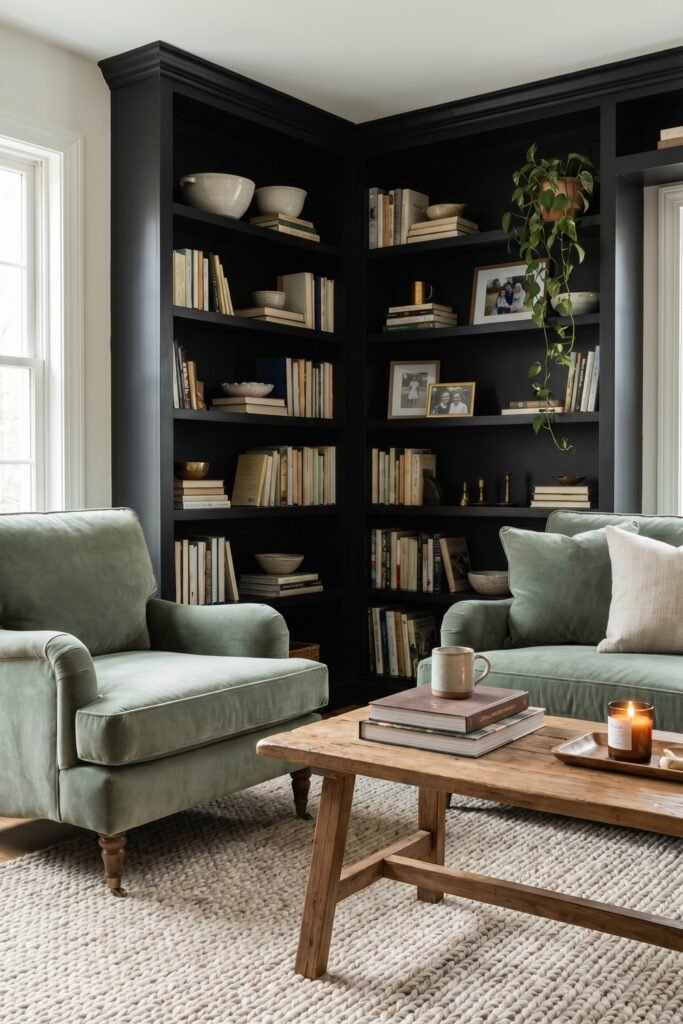 Sage Green And Black Living Room Ideas for a Layered Look 5 Reading corner with two sage green armchairs, black corner built-ins, wood coffee table, woven rug, books, and trailing plant in a warm layered living room.