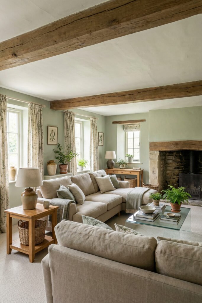 Sage Green Lounge Ideas for a Calm, Collected Living Room 6 Rustic living room with pale green walls, exposed wood beams, cream sofas, glass coffee table, plants, and a stone fireplace for cottage-style charm.