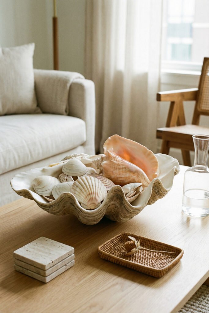 Large clam shell bowl filled with collected shells on a living room coffee table with woven tray and glass carafe for an airy seashell display.
