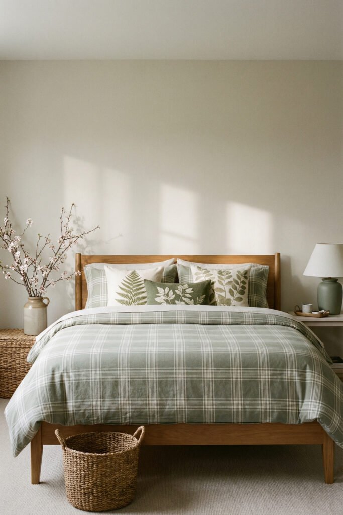 Spring Bedding Ideas for a Lighter, Fresher Bedroom 5 Sage plaid bedding with botanical accent pillows, woven baskets, and soft natural light creates a cozy, cottage-inspired spring bedding look.