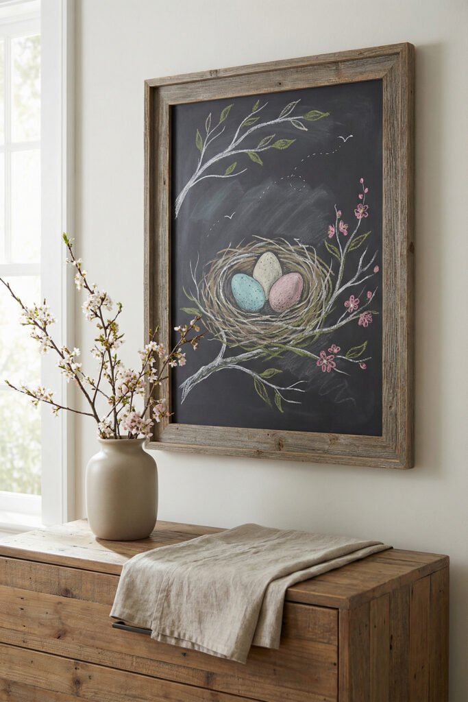 Spring Chalkboard Ideas That Feel Fresh and Easy to Style 5 Rustic framed chalkboard featuring a bird nest with pastel eggs and blossoming branches above a wooden dresser with vase and linen runner.