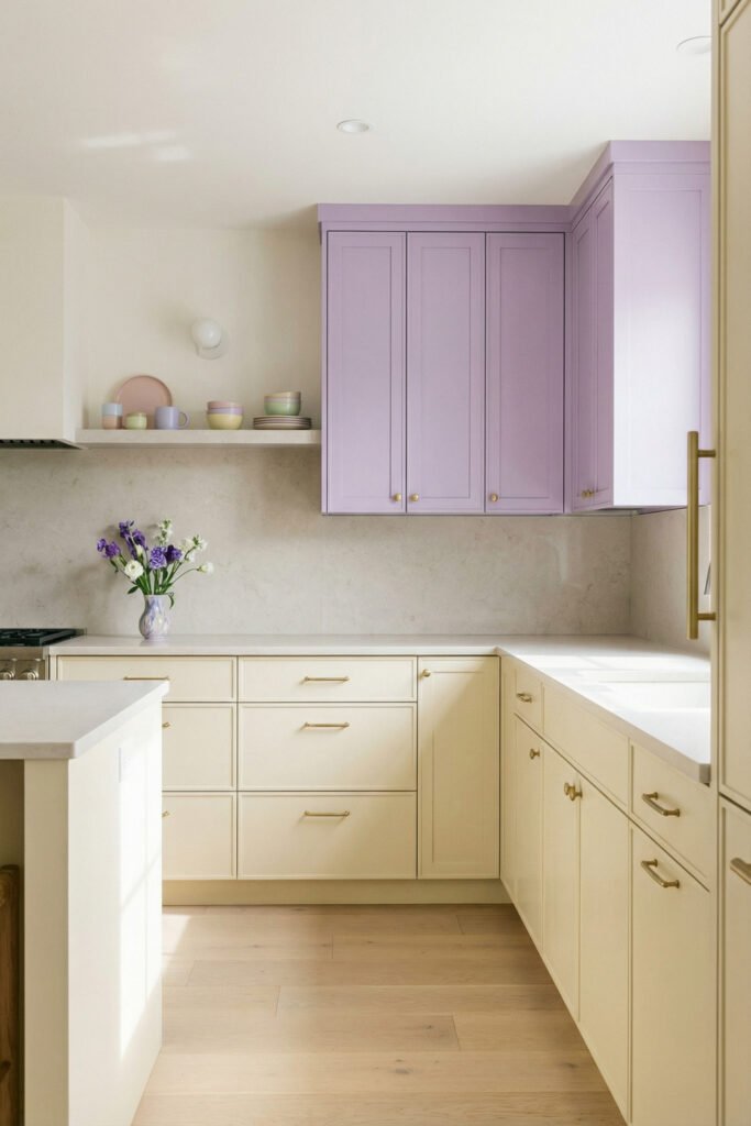 Cream kitchen with lavender upper cabinets, brass hardware, pastel dishes on open shelving, and a small floral arrangement adding playful spring kitchen décor
