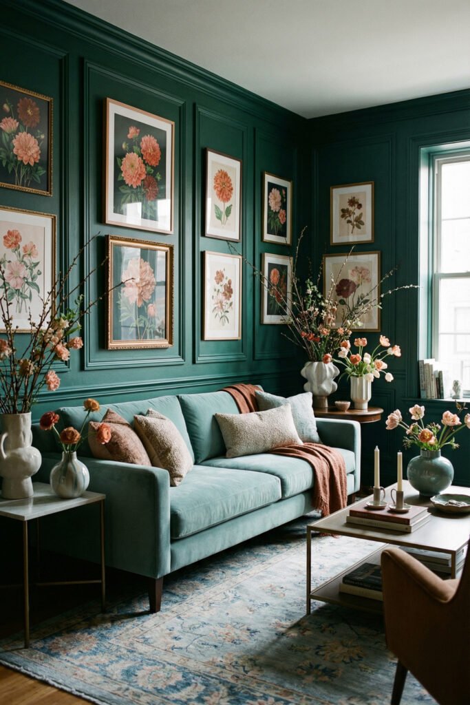 Moody green paneled living room with floral gallery wall, pale blue sofa, vases, and vintage accents for dramatic spring living room décor.
