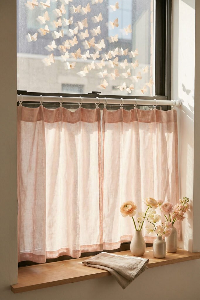 Spring Window Display Ideas For A Light-Filled Season 4 Blush cafe curtains, delicate butterfly window decals, and small floral vases glowing in sunlight for a romantic spring window display.