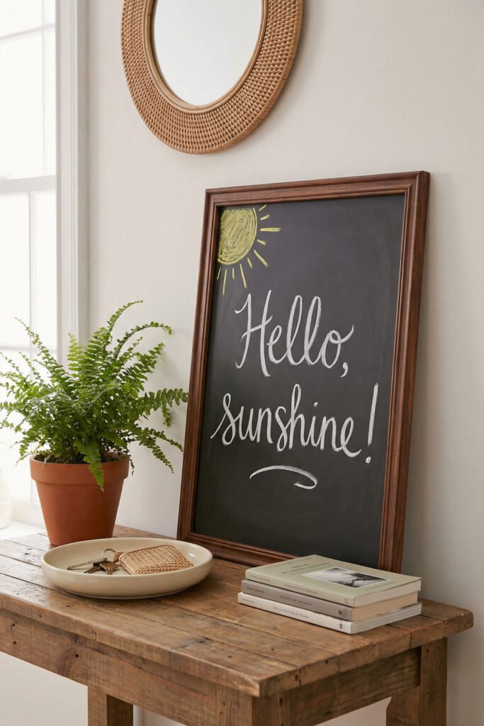 Summer Chalkboard Ideas That Brighten Every Corner 6 Simple framed chalkboard that says Hello, sunshine! styled on a rustic console with fern, tray, and books for minimal summer chalkboard ideas.
