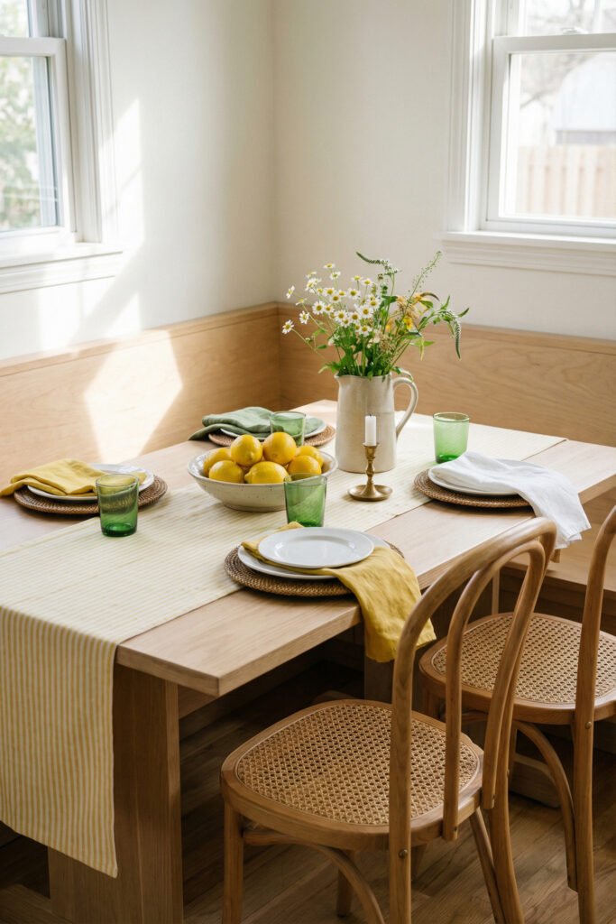 Summer Décor Ideas for an Airy, Collected Home 5 Bright dining nook with yellow striped runner, lemons, green glassware, cane chairs, and daisy bouquet for fresh summer decor.