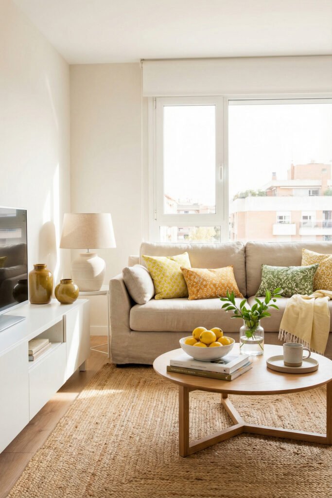 Sunny apartment living room with yellow, orange, and green pillows, lemons on the coffee table, and a woven rug for cheerful summer decor.
