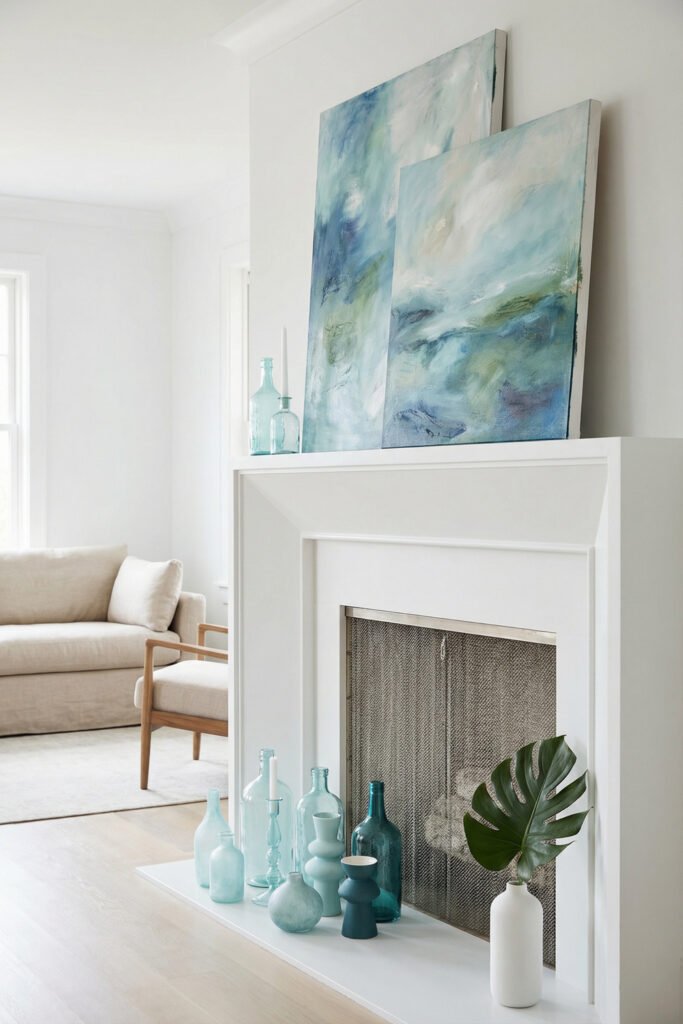 Modern white mantel styled with blue abstract canvas art, aqua glass bottles, and a monstera leaf for clean contemporary summer mantle décor.
