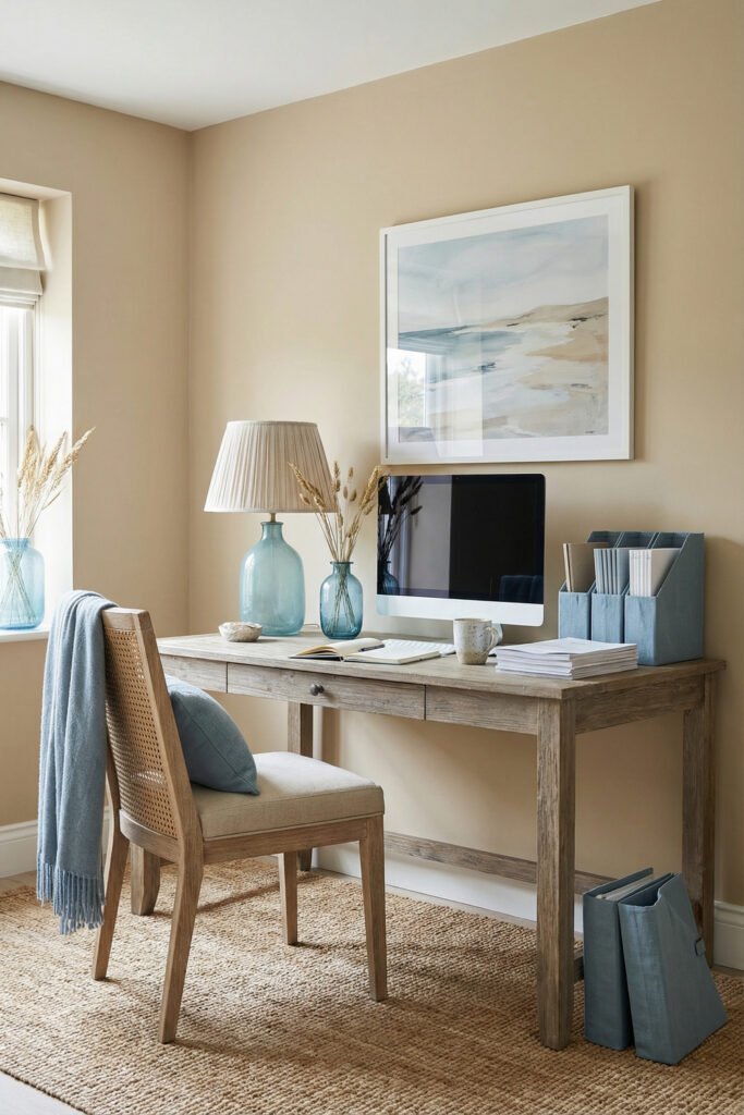 Rustic wood desk with cane chair, blue glass vases, lamp, and neutral rug for a coastal-inspired Summer Office Decor home office.
