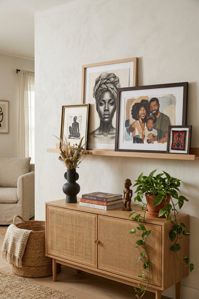 Styled cane cabinet with an Afro-inspired portrait sketch, family artwork, small textile piece, dried stems, books, and trailing pothos on a floating ledge
