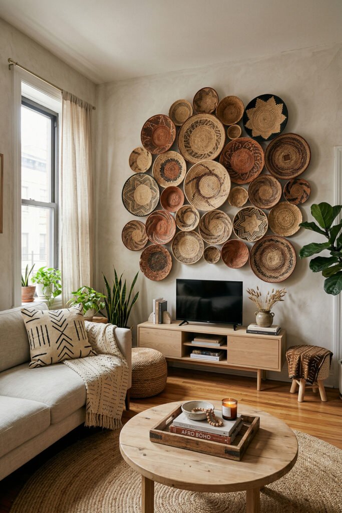 Light living room with a woven basket wall above a TV console, cream sofa, mudcloth pillow, round wood table, and plants in Afro Boho Decor style.
