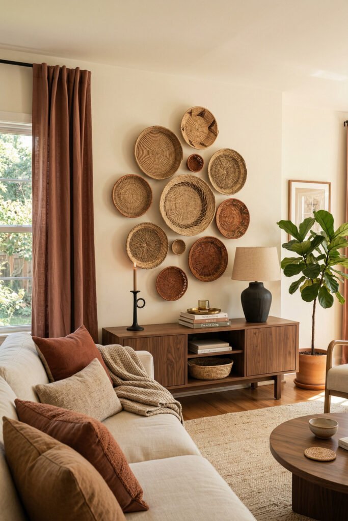 Neutral living room with woven basket wall gallery, walnut credenza, rust curtains, black lamp, and cream sofa with textured pillows.
