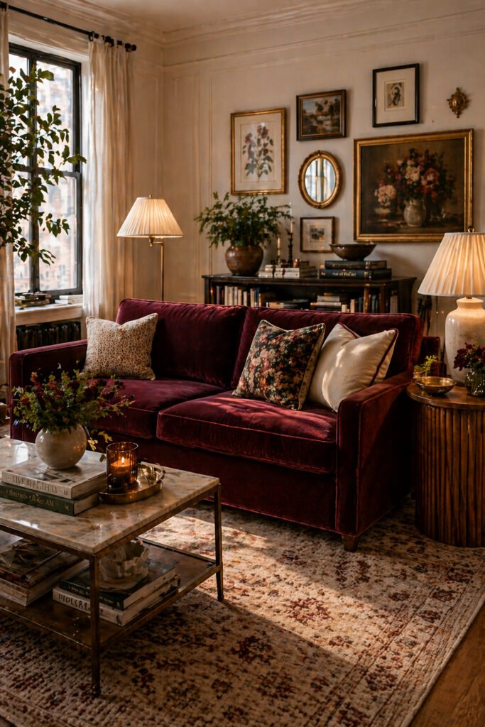 Burgundy velvet sofa, vintage gallery wall, patterned rug, and warm lamps for rich apartment vibes decor ideas
