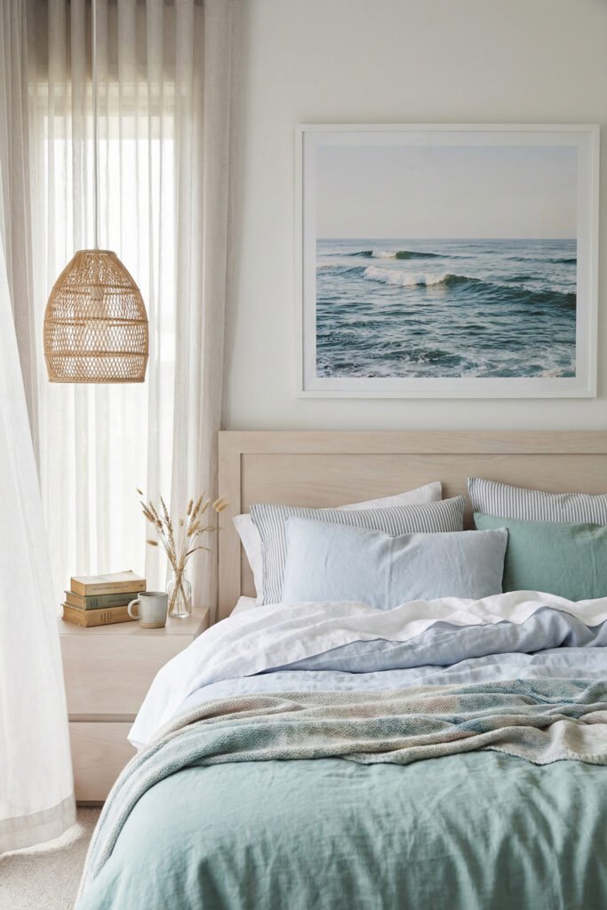 Coastal Summer Aesthetic Ideas for a Breezy Apartment 7 Light wood bedroom with soft blue bedding, ocean print, woven pendant, books, and airy curtains styled in a relaxed coastal summer aesthetic.