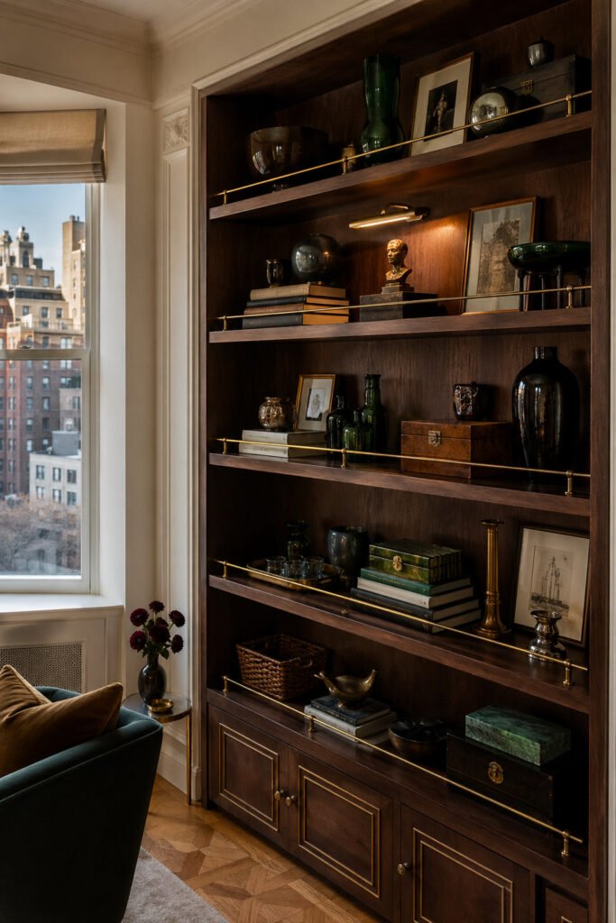 Dark wood built-in shelves with brass rails, books, glass vessels, framed art, boxes, and elegant decor ideas with personality
