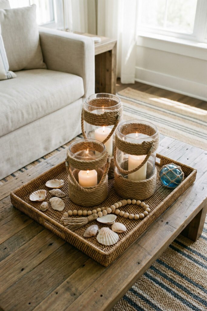 Diy Beach Decor That Feels Fresh for Summer 7 Three rope lantern candles in a rattan tray with shells, beads, and blue float on a rustic coffee table, inviting DIY beach decor.