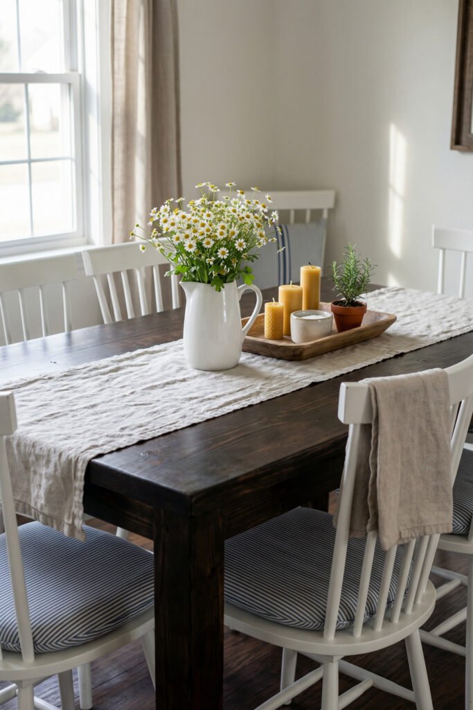 Dark wood dining table with linen runner, white chairs, blue striped cushions, daisies, candles, and a small herb tray in a simple farmhouse summer decor look.
