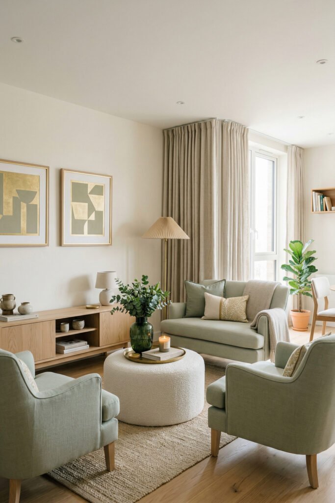 Green And Gold Room Ideas For A Stylish Living Room 8 Soft sage seating arrangement with two chairs, boucle ottoman, pale wood console, and pleated gold floor lamp in a calm living room.