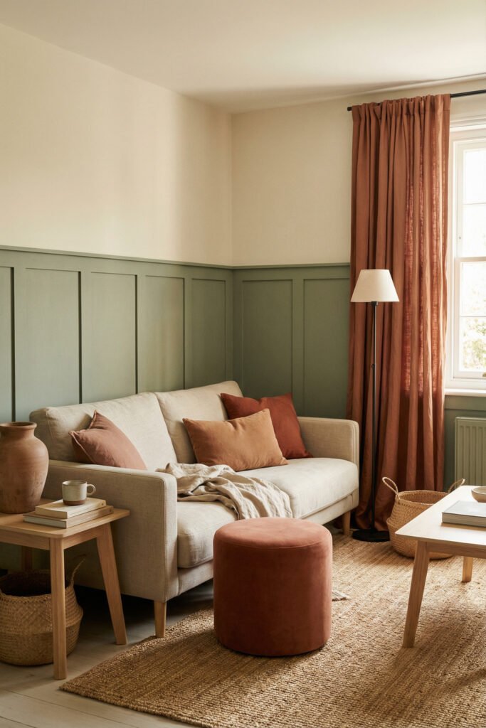 Small green and rust living room with a cream sofa, rust curtains, sage wall paneling, rust ottoman, jute rug, and pale wood furniture.
