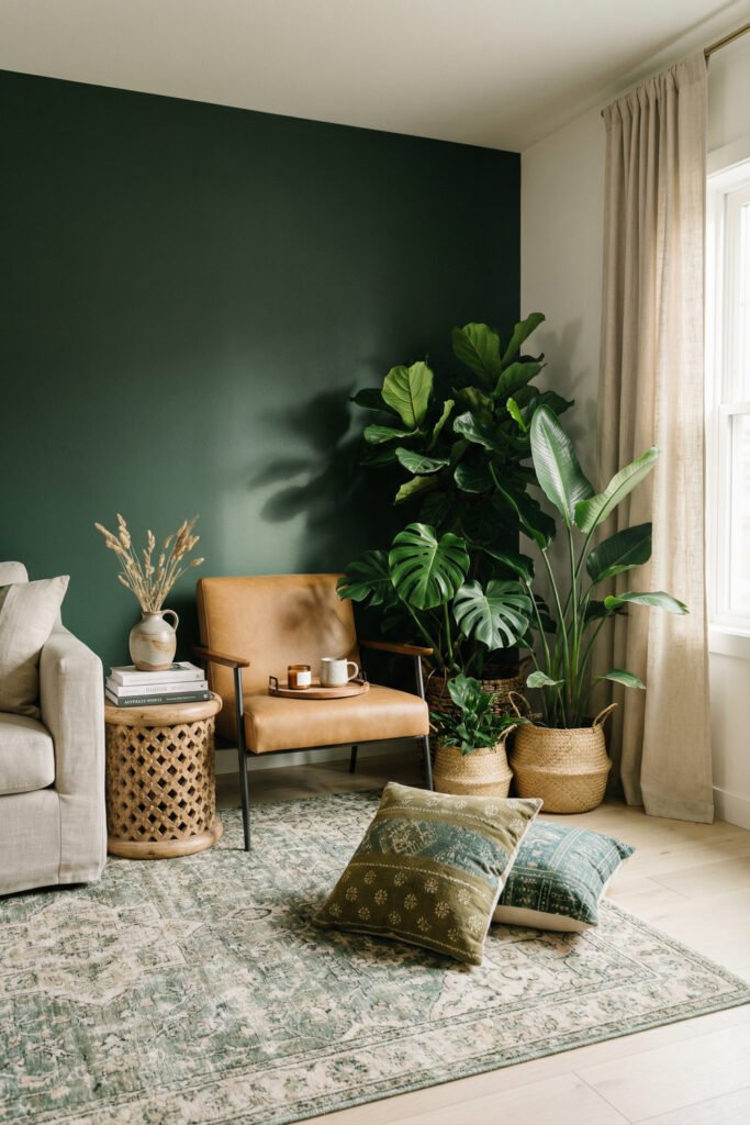 Green Boho Living Room Ideas With Relaxed Style 8 Dark green boho living room corner with leather accent chair, woven side table, large plants, vintage rug, and deep forest accent wall.