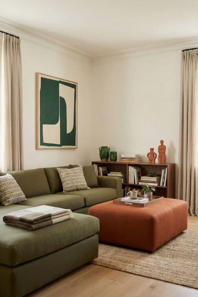 Green Burnt Orange Living Room Ideas With Rich, Easy Style 7 Olive sectional and rust ottoman with jute rug, cream curtains, bookshelf and abstract art in a refined green burnt orange living room