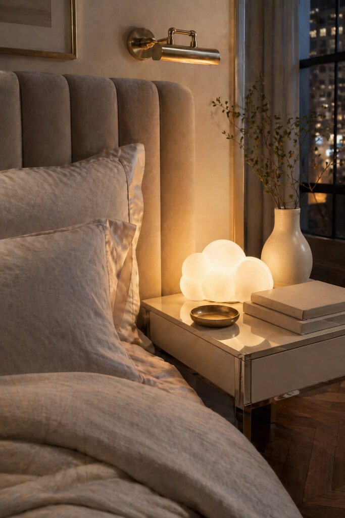Upholstered bedroom with brass wall sconce, glowing cloud lamp, mirrored nightstand, city window, and warm bedside styling.
