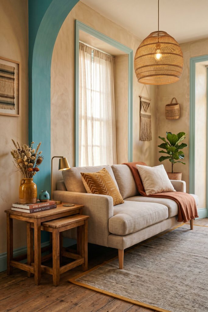 Beige sofa beside turquoise arch trim, woven pendant, wooden nesting tables, and earthy textiles in a light-filled Afro Boho living room.
