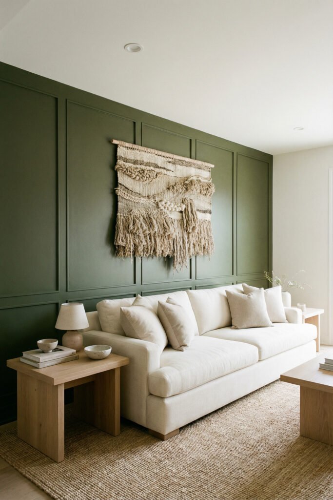 Olive Green Decor Ideas For A Layered Living Room 8 Cream sofa and light wood side table set against a dark olive paneled wall with woven art and neutral pillows for modern olive green decor.