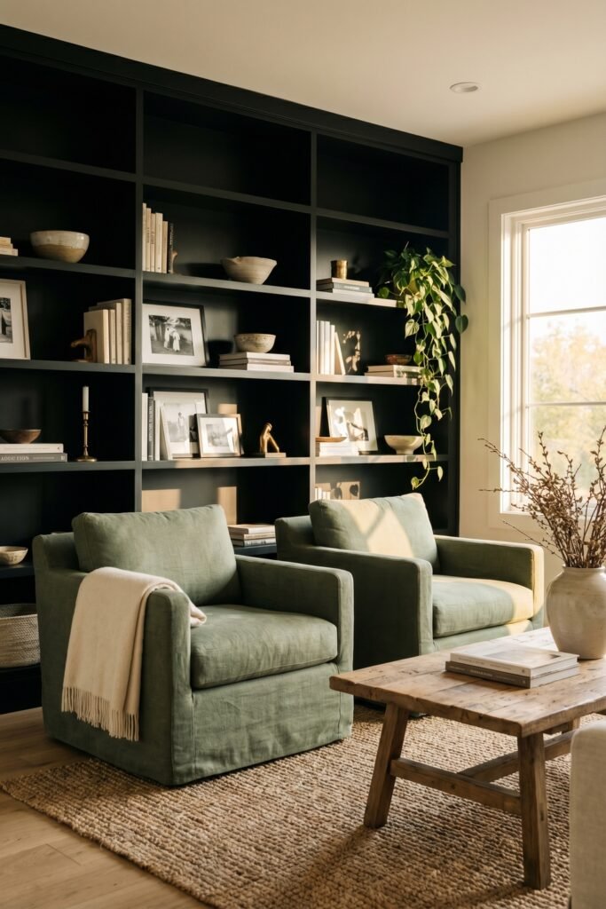 Sage Green And Black Living Room Ideas for a Layered Look 6 Sunlit living room with twin sage armchairs, black built-in shelving, rustic wood coffee table, woven rug, and soft neutral accents.