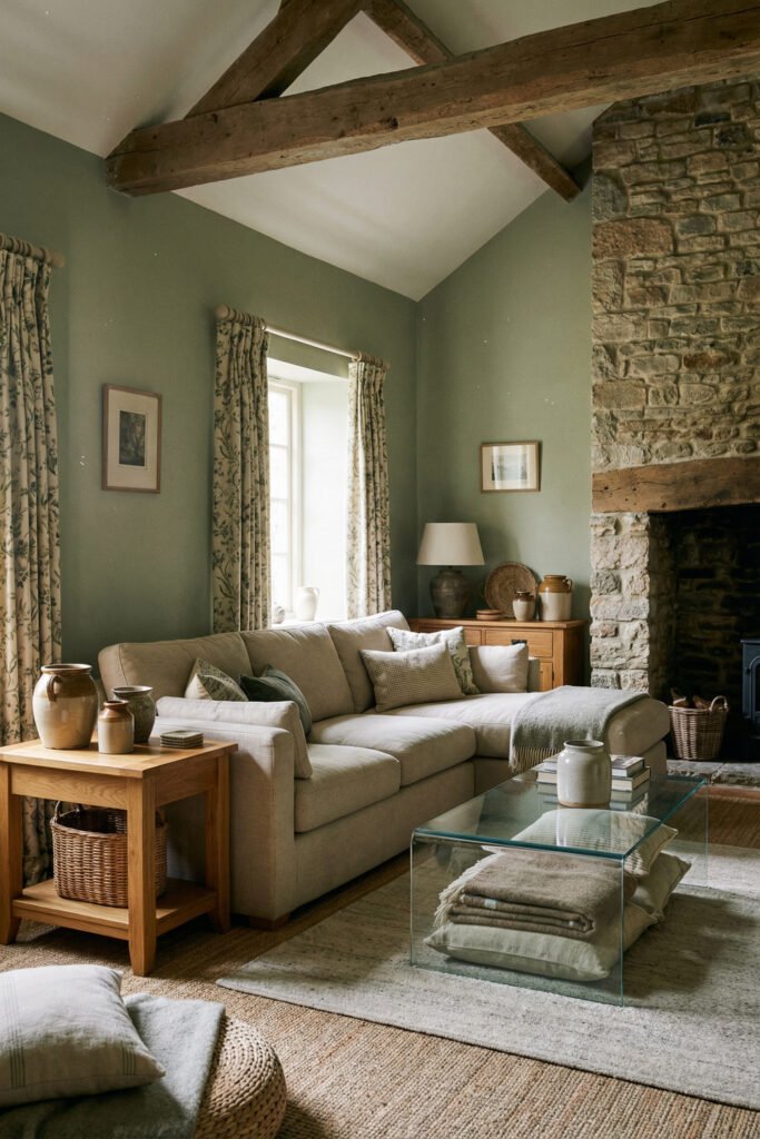 Sage Green Lounge Ideas for a Calm, Collected Living Room 7 Cozy vaulted lounge with sage walls, stone fireplace, exposed beams, cream sectional, patterned curtains, and glass table in a rustic layered setting.