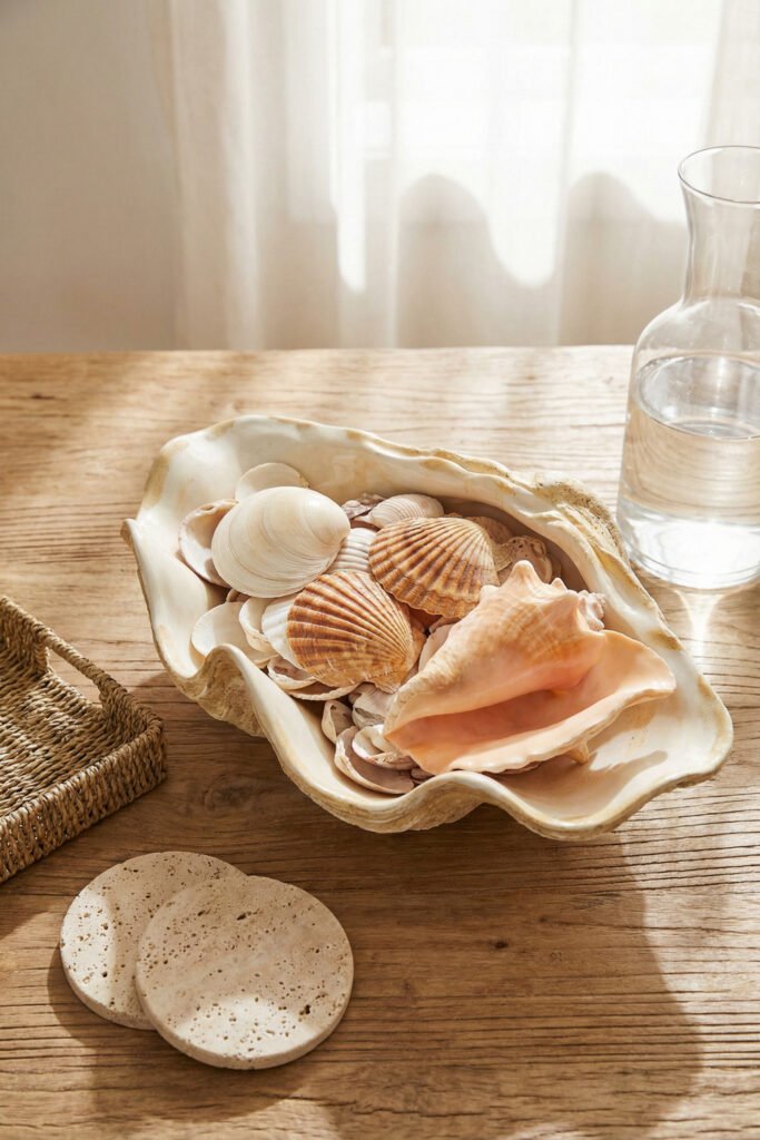 Close-up of a clam shell bowl filled with scallops and conch shells on a wooden table beside stone coasters and a rattan tray, simple seashell display decor.
